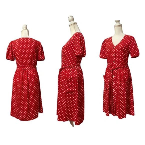 Eva Rose Short Sleeve Polka Dot Belted Dress with Pockets Red